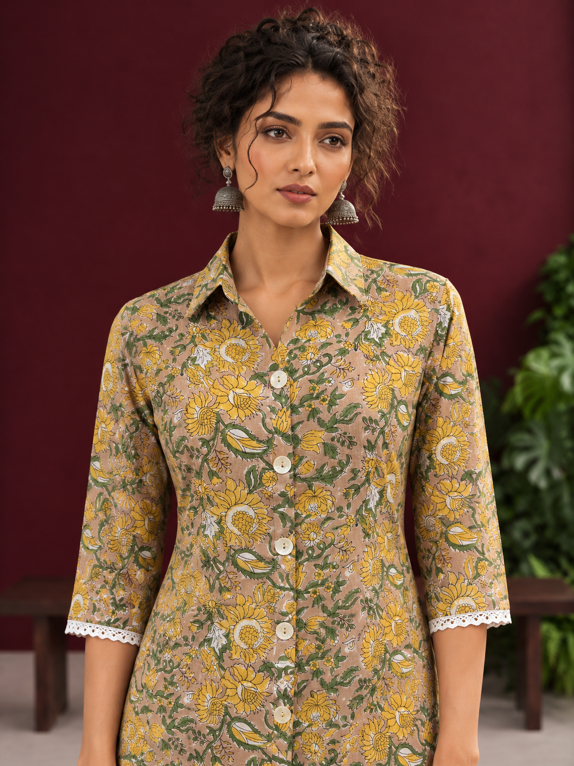 Light Yellow Cotton Shirt with Floral Print & White Crochet Lace Sleeve Trim — fabric detail