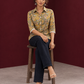 Light Yellow Cotton Shirt with Floral Print & White Crochet Lace Sleeve Trim — seated