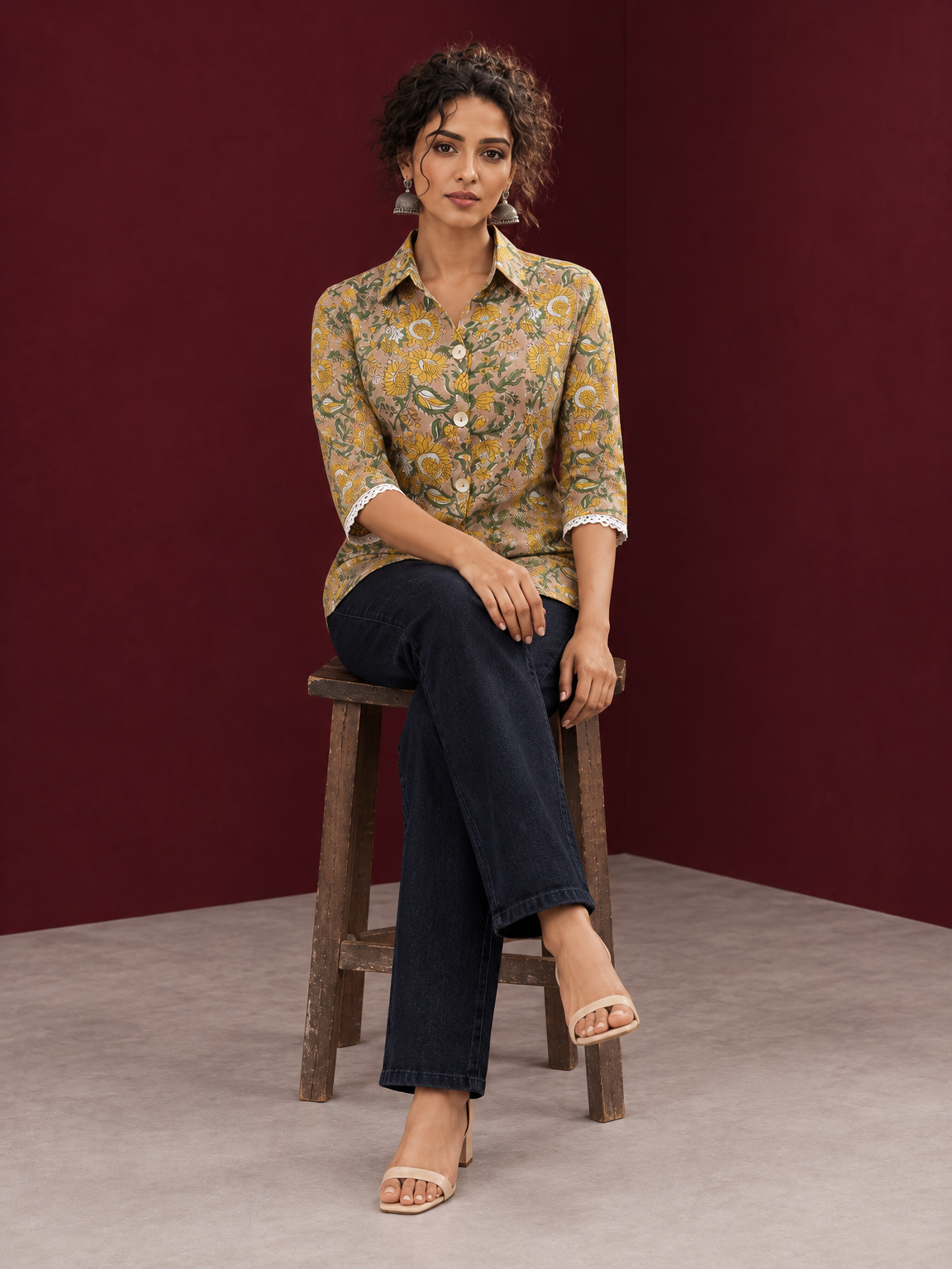 Light Yellow Cotton Shirt with Floral Print & White Crochet Lace Sleeve Trim — seated