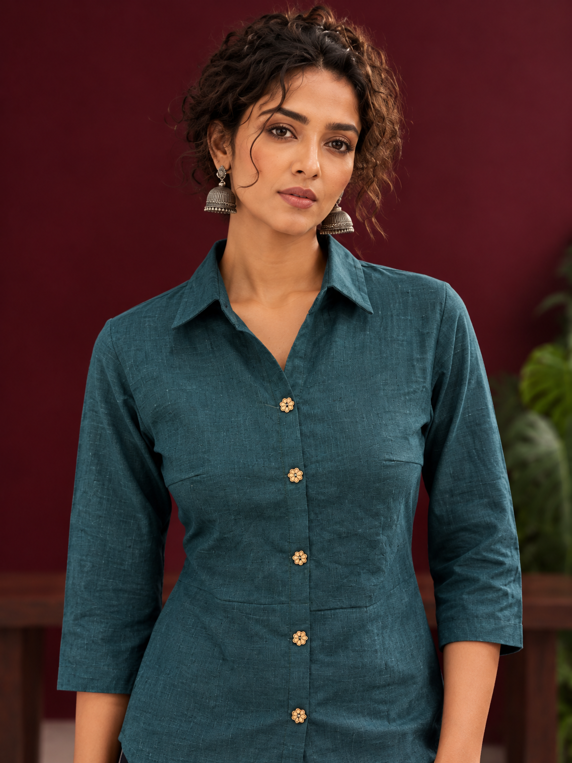 Timeless Teal Blue Cotton Shirt with Collared Neckline and Contrast Floral Buttons — fabric detail