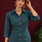 Timeless Teal Blue Cotton Shirt with Collared Neckline and Contrast Floral Buttons — styled view
