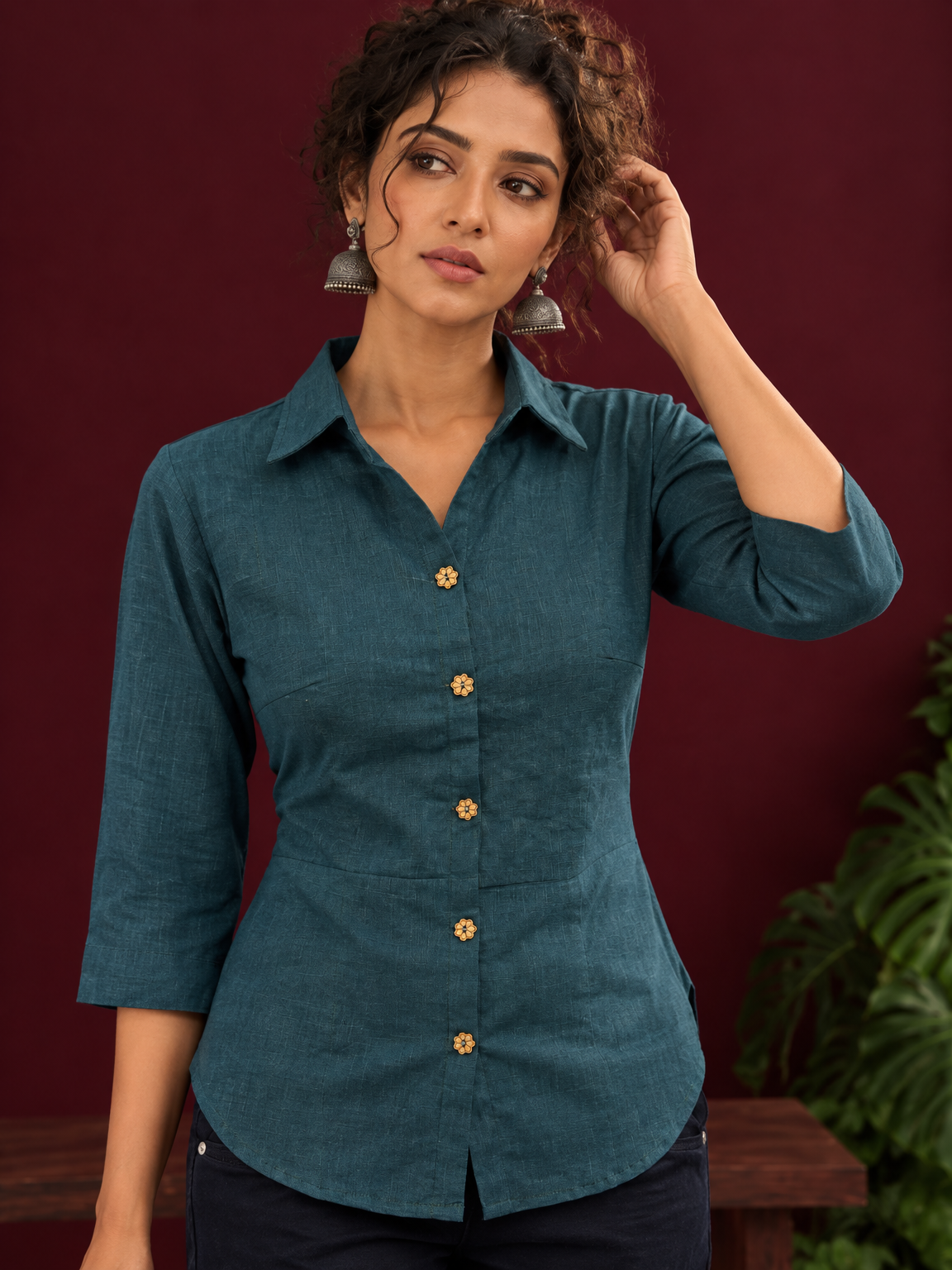 Timeless Teal Blue Cotton Shirt with Collared Neckline and Contrast Floral Buttons — styled view