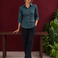 Timeless Teal Blue Cotton Shirt with Collared Neckline and Contrast Floral Buttons — front view