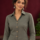 Classic Grey Cotton Shirt with Collared Neckline and Floral Wooden Button Detailing — fabric detail