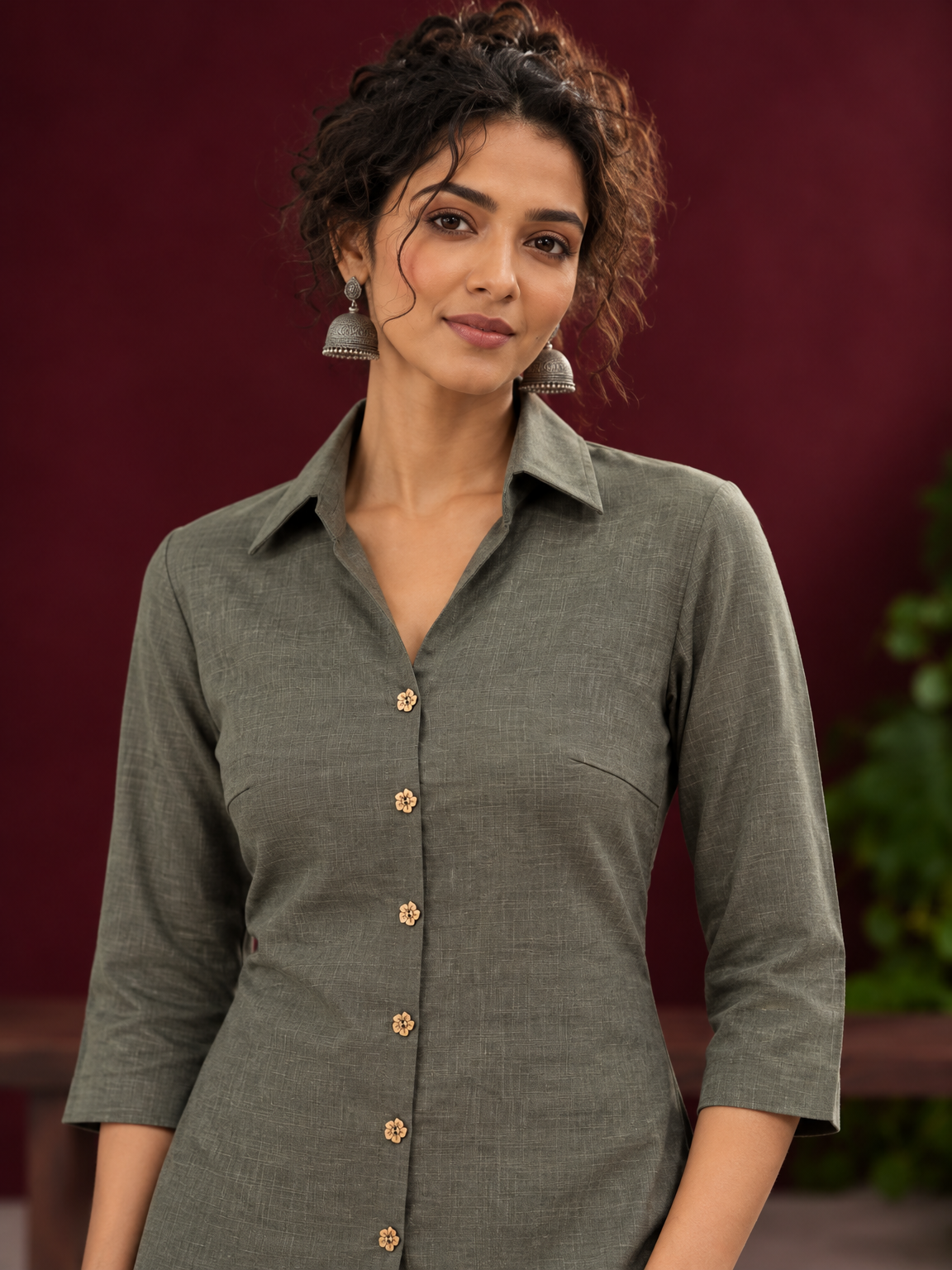 Classic Grey Cotton Shirt with Collared Neckline and Floral Wooden Button Detailing — fabric detail