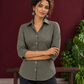 Classic Grey Cotton Shirt with Collared Neckline and Floral Wooden Button Detailing — styled view
