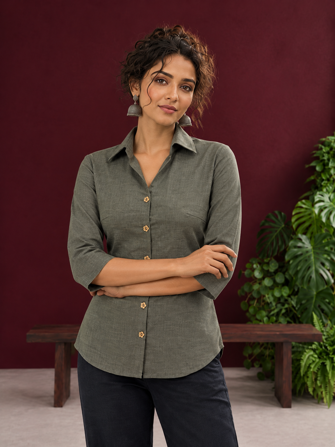 Classic Grey Cotton Shirt with Collared Neckline and Floral Wooden Button Detailing — styled view