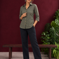 Classic Grey Cotton Shirt with Collared Neckline and Floral Wooden Button Detailing — front view