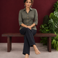 Classic Grey Cotton Shirt with Collared Neckline and Floral Wooden Button Detailing — seated