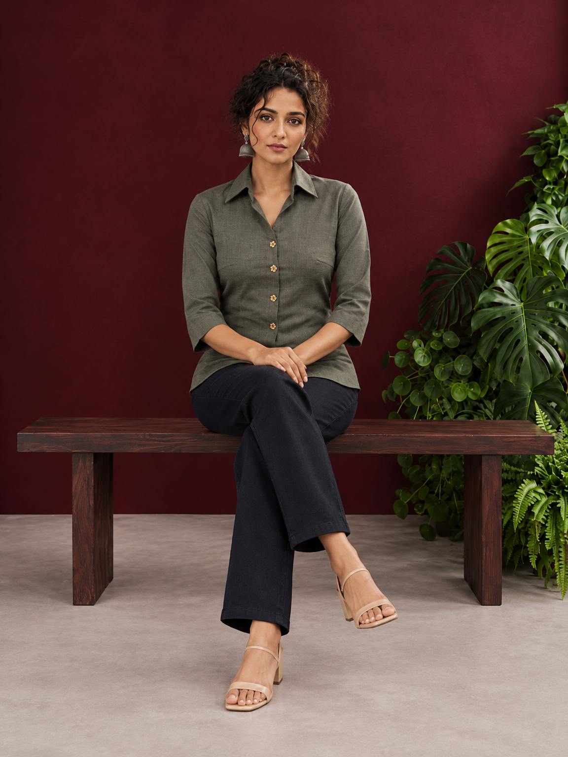 Classic Grey Cotton Shirt with Collared Neckline and Floral Wooden Button Detailing — seated