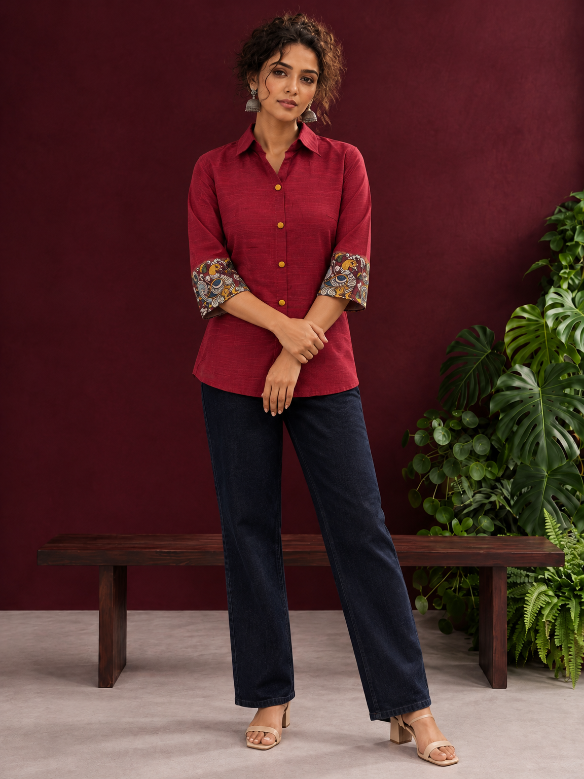 Elegant Maroon Cotton Silk Shirt with Kalamkari Printed Sleeve Cuffs & Back — front view