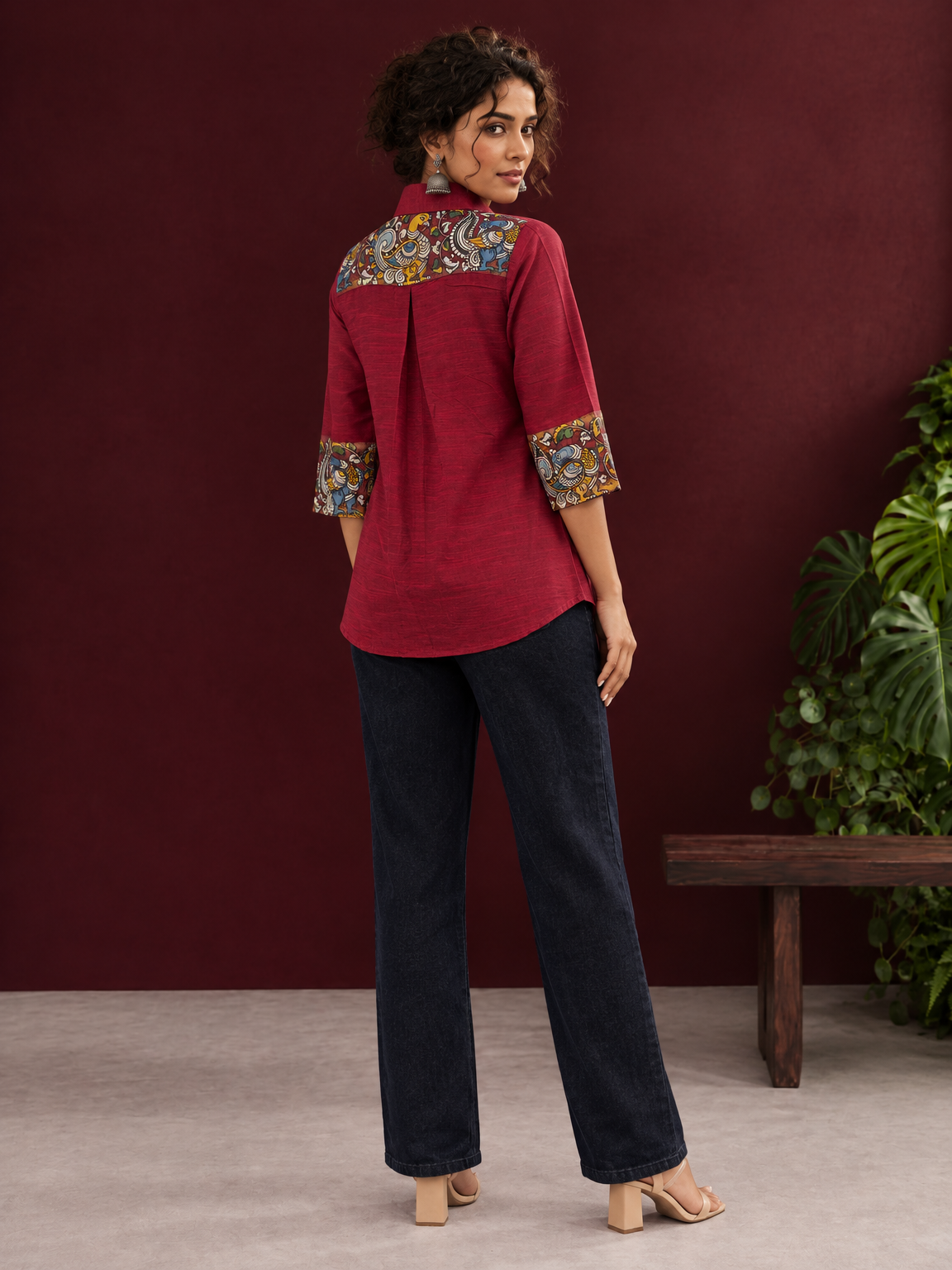 Elegant Maroon Cotton Silk Shirt with Kalamkari Printed Sleeve Cuffs & Back — back view