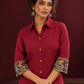 Elegant Maroon Cotton Silk Shirt with Kalamkari Printed Sleeve Cuffs & Back — fabric detail