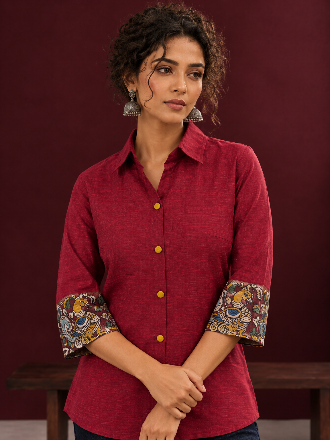 Elegant Maroon Cotton Silk Shirt with Kalamkari Printed Sleeve Cuffs & Back — fabric detail