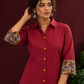 Elegant Maroon Cotton Silk Shirt with Kalamkari Printed Sleeve Cuffs & Back — styled view