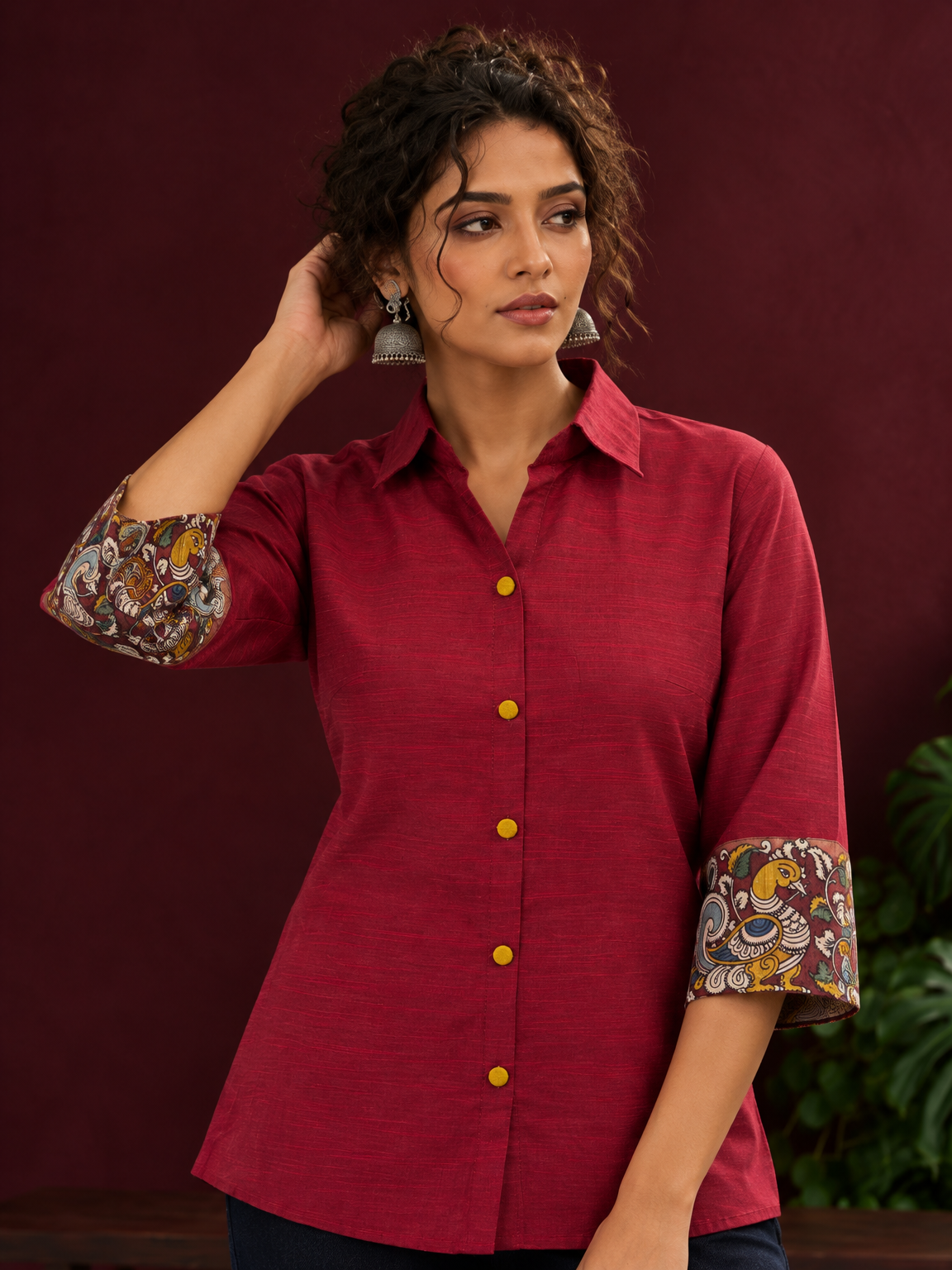 Elegant Maroon Cotton Silk Shirt with Kalamkari Printed Sleeve Cuffs & Back — styled view