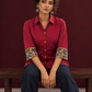 Elegant Maroon Cotton Silk Shirt with Kalamkari Printed Sleeve Cuffs & Back — seated