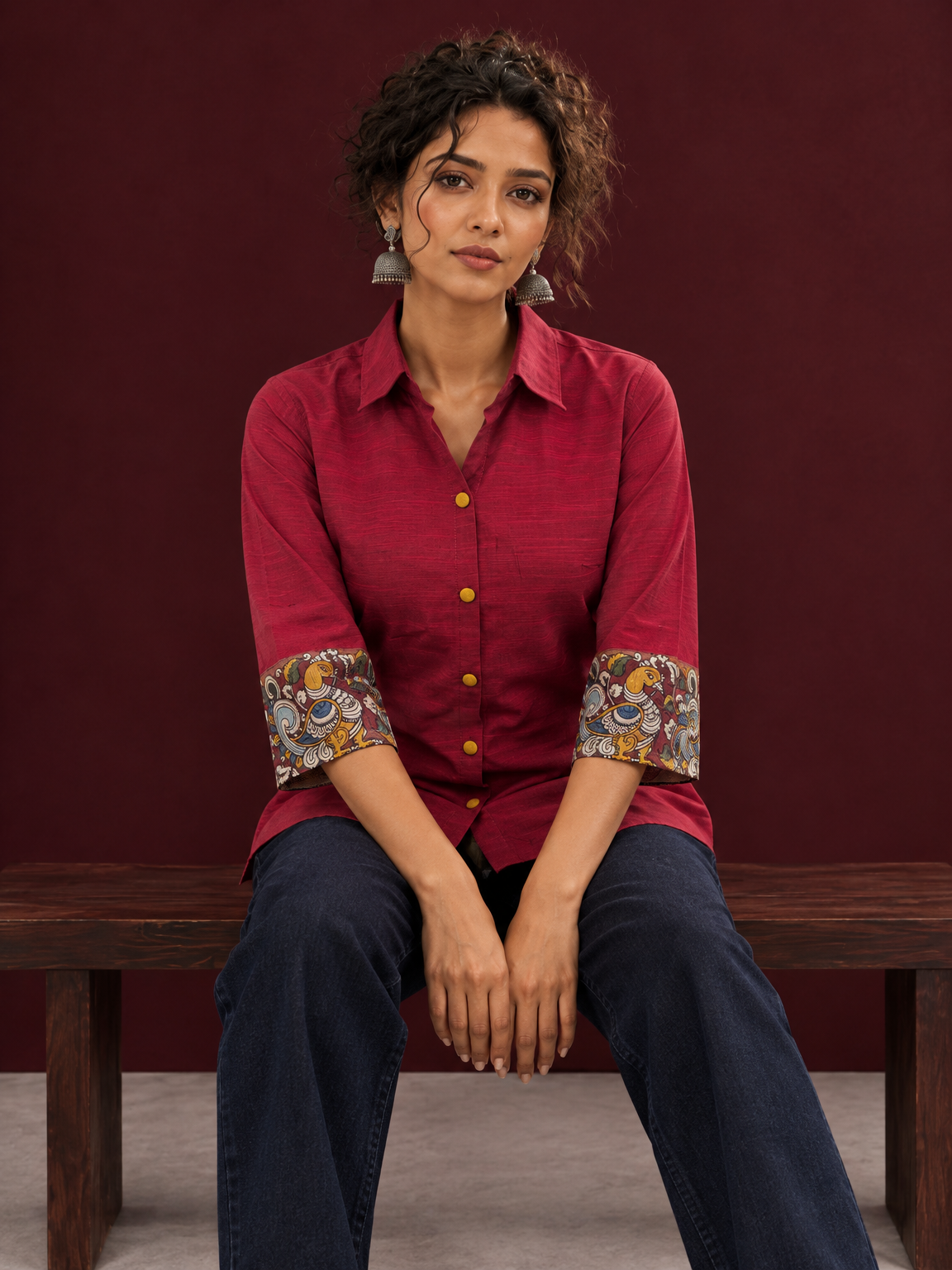 Elegant Maroon Cotton Silk Shirt with Kalamkari Printed Sleeve Cuffs & Back — seated