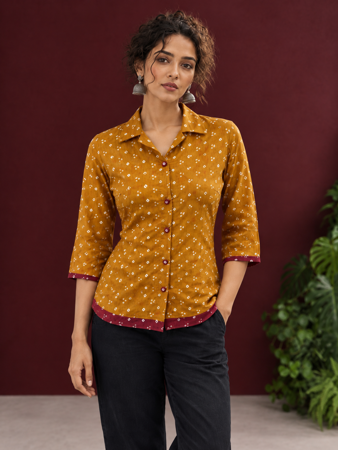 Mustard Bandhani Print Rayon Shirt with Contrast Maroon Hemline and Cuff Detailing — fabric detail
