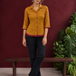 Mustard Bandhani Print Rayon Shirt with Contrast Maroon Hemline and Cuff Detailing — front view