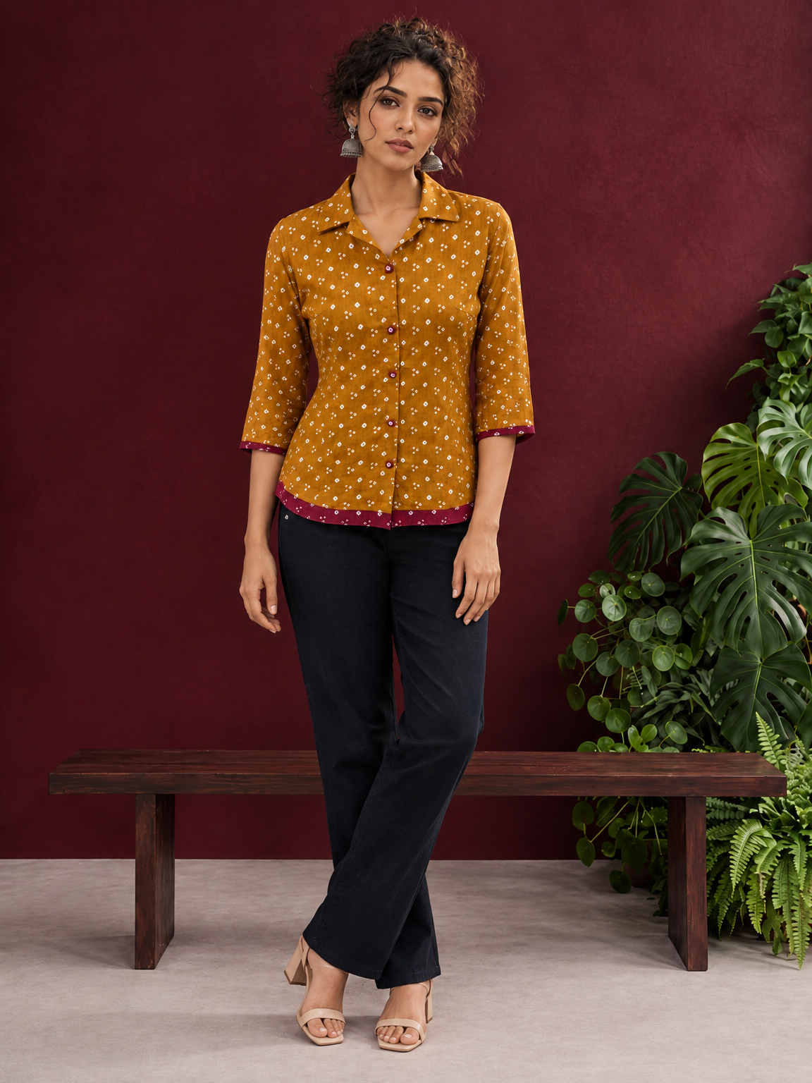 Mustard Bandhani Print Rayon Shirt with Contrast Maroon Hemline and Cuff Detailing — front view
