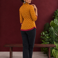 Mustard Bandhani Print Rayon Shirt with Contrast Maroon Hemline and Cuff Detailing — back view