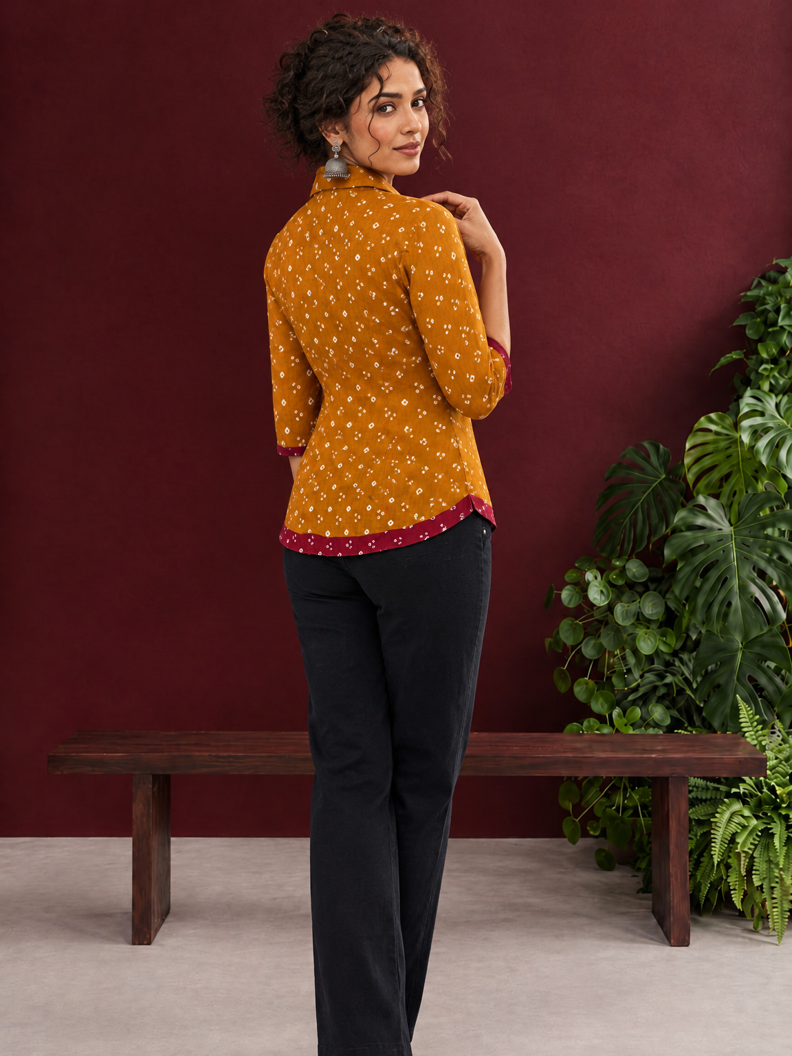 Mustard Bandhani Print Rayon Shirt with Contrast Maroon Hemline and Cuff Detailing — back view