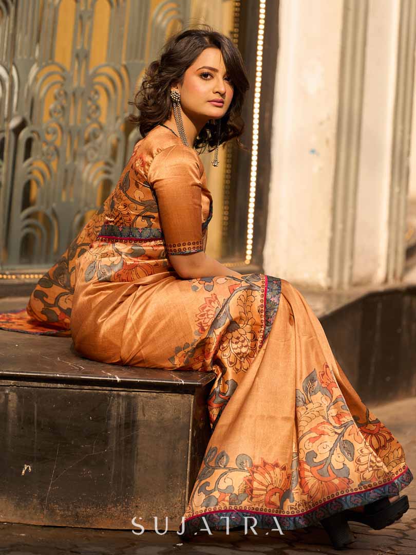 Classic Mustard Art Silk Saree with Traditional Kalamkari Print