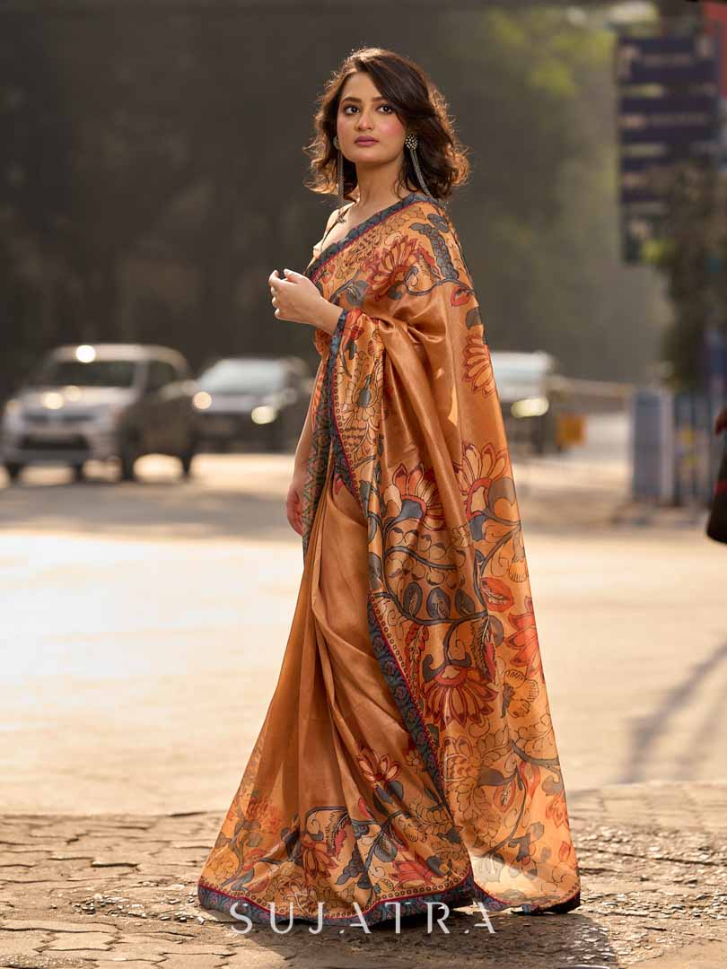 Classic Mustard Art Silk Saree with Traditional Kalamkari Print