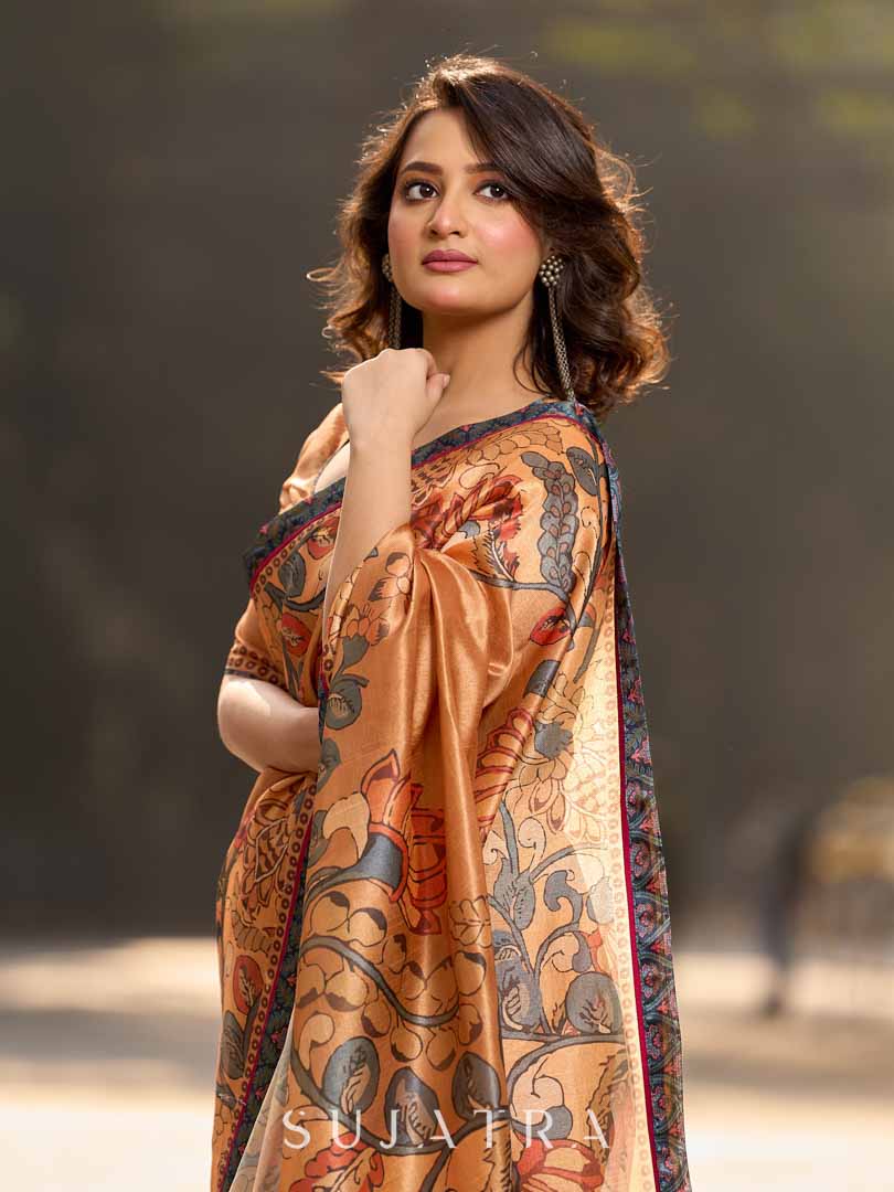 Classic Mustard Art Silk Saree with Traditional Kalamkari Print