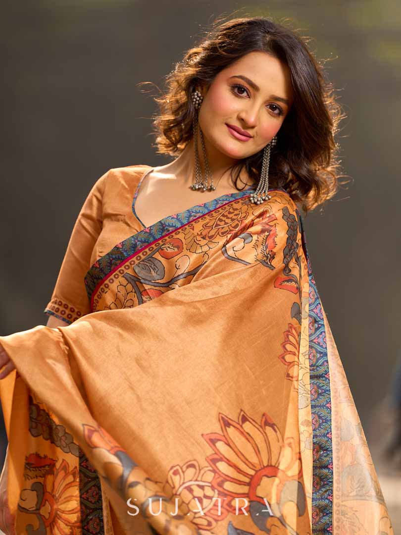 Classic Mustard Art Silk Saree with Traditional Kalamkari Print