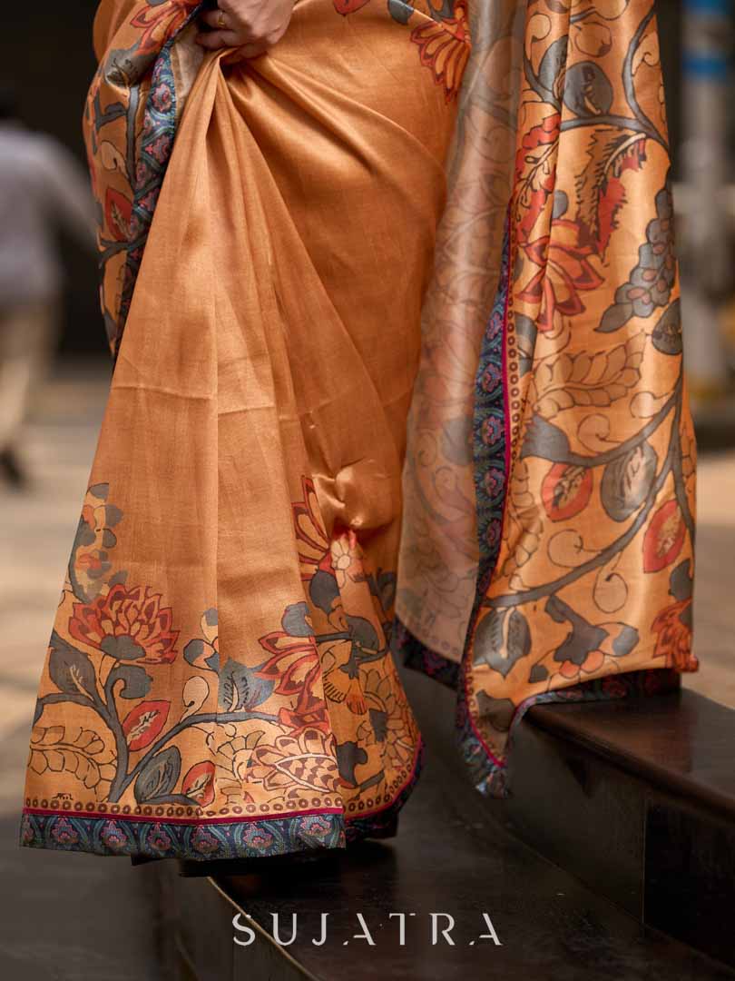Classic Mustard Art Silk Saree with Traditional Kalamkari Print