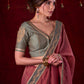 Soft Pink Silk Blend Saree with Intricate Green Chanderi Embroidered Border