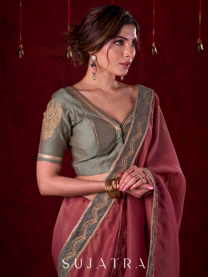 Soft Pink Silk Blend Saree with Intricate Green Chanderi Embroidered Border