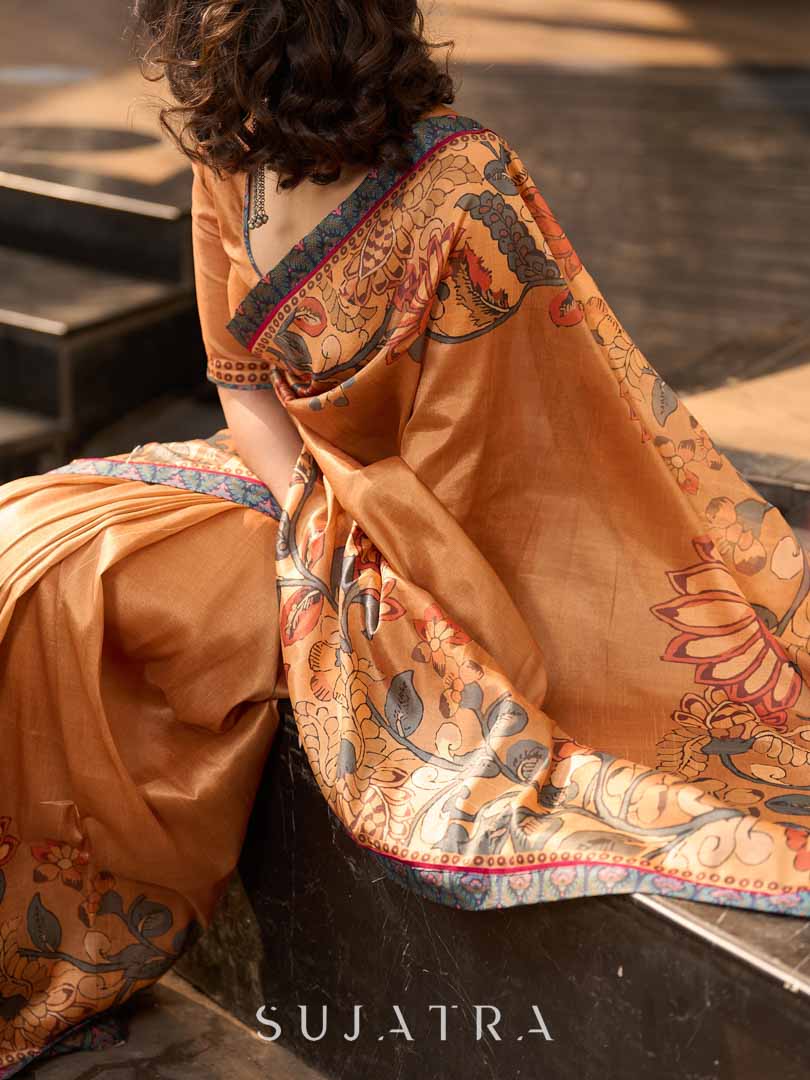 Classic Mustard Art Silk Saree with Traditional Kalamkari Print