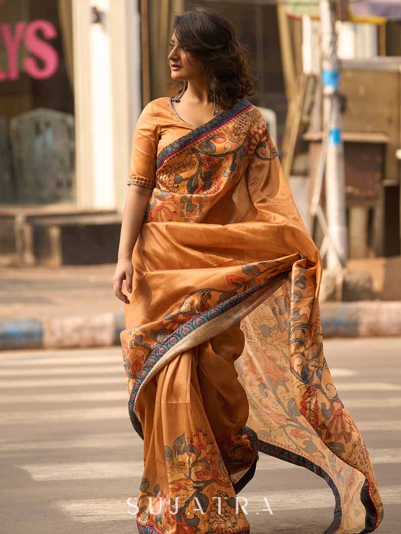 Classic Mustard Art Silk Saree with Traditional Kalamkari Print