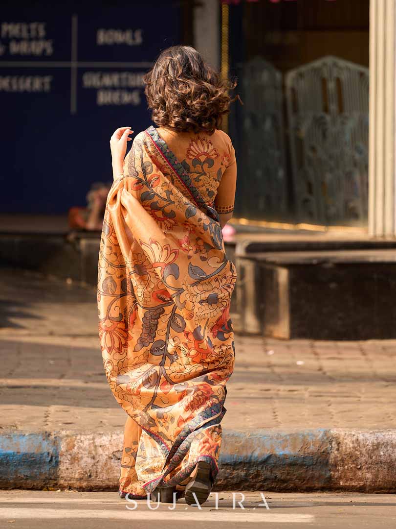 Classic Mustard Art Silk Saree with Traditional Kalamkari Print