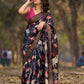 Midnight Black Tussar Silk Saree with Traditional Pichwai Print
