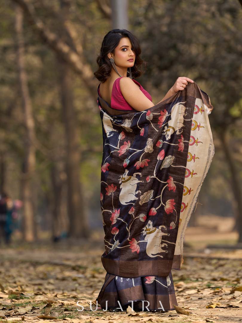 Midnight Black Tussar Silk Saree with Traditional Pichwai Print