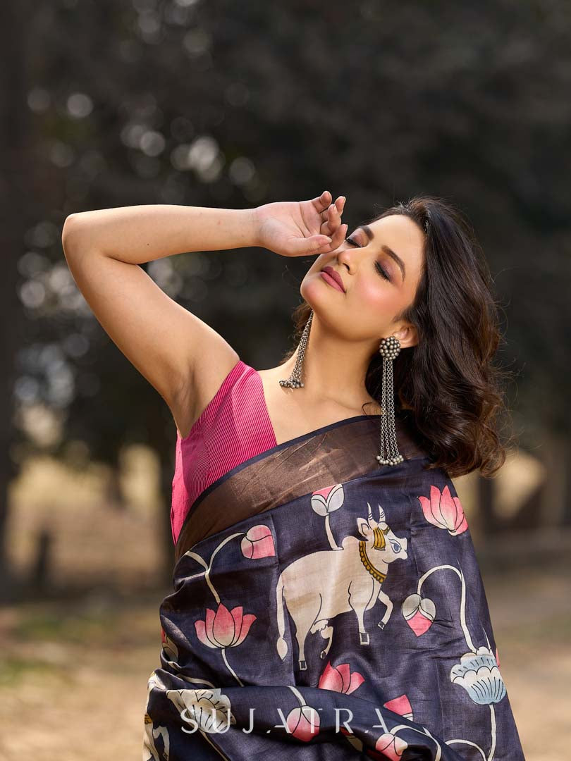 Midnight Black Tussar Silk Saree with Traditional Pichwai Print