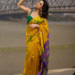 Mustard & Purple Tussar Silk Saree with Handcrafted Floral Motifs