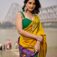 Mustard & Purple Tussar Silk Saree with Handcrafted Floral Motifs