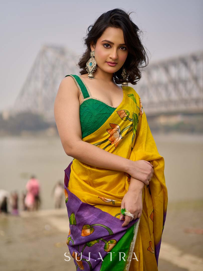 Mustard & Purple Tussar Silk Saree with Handcrafted Floral Motifs