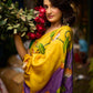 Mustard & Purple Tussar Silk Saree with Handcrafted Floral Motifs