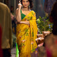 Mustard & Purple Tussar Silk Saree with Handcrafted Floral Motifs
