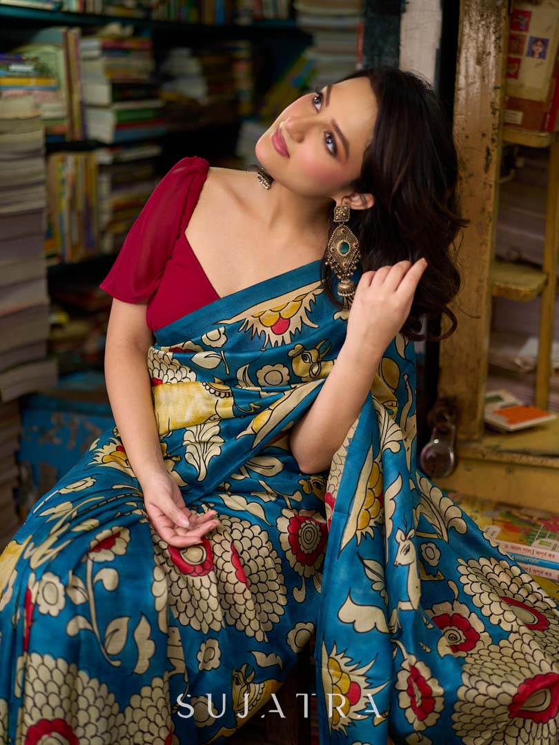 Heritage Blue Tussar Silk Saree with Bold Kalamkari Motifs
