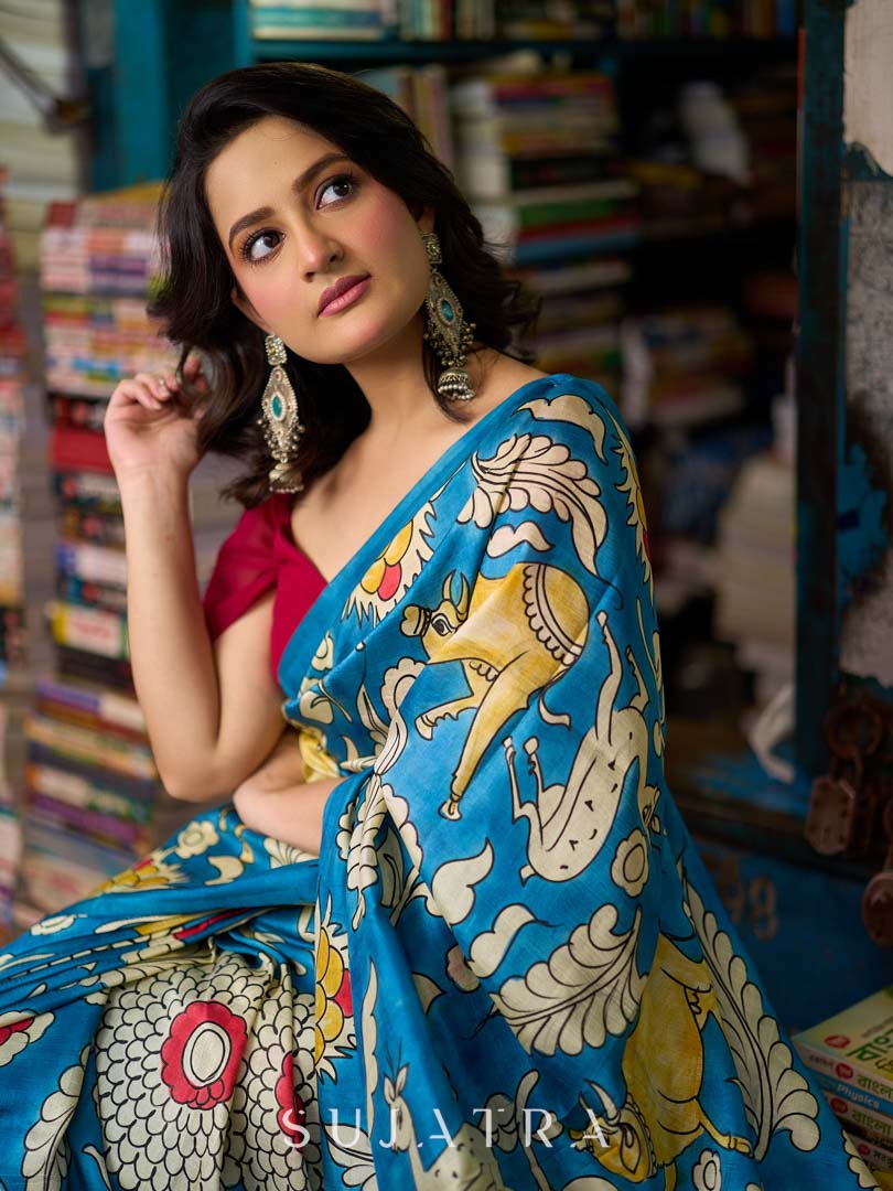 Heritage Blue Tussar Silk Saree with Bold Kalamkari Motifs