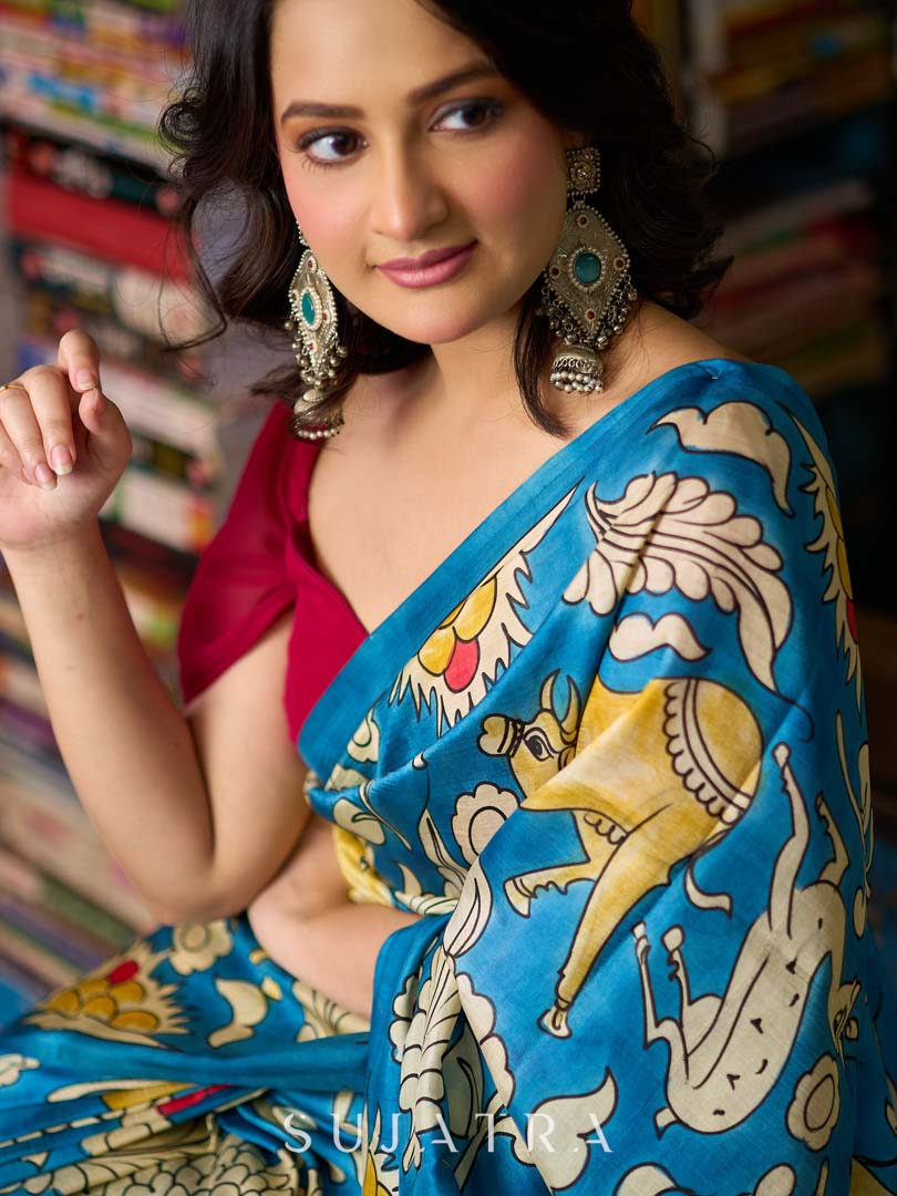 Heritage Blue Tussar Silk Saree with Bold Kalamkari Motifs