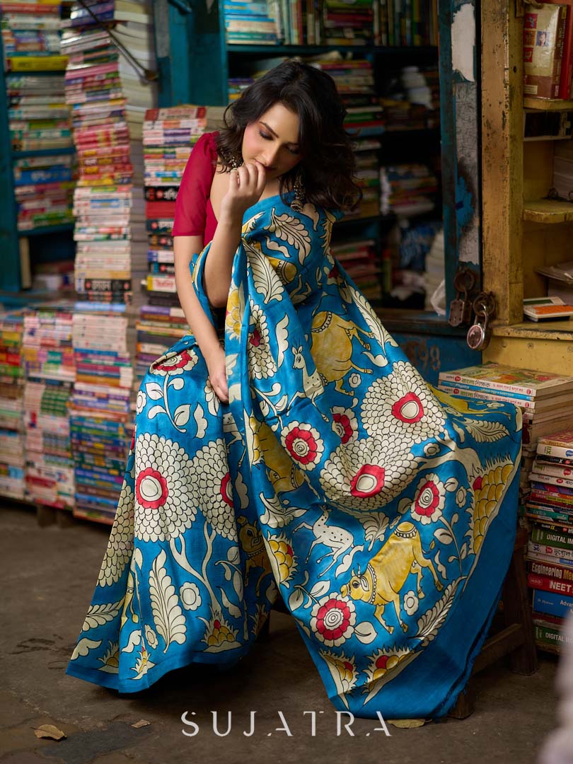 Heritage Blue Tussar Silk Saree with Bold Kalamkari Motifs