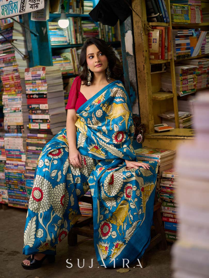Heritage Blue Tussar Silk Saree with Bold Kalamkari Motifs